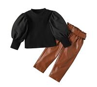 Toddler Kids Baby Girls Puff Sleeve Ribbed T Shirt Tops PU Leather Long Pants with Belt 2PCS Outfits Clothes Set Thanksgiving Outfit 2t (Black, 3-4 Years)