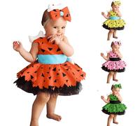 Toddler Kids Caveman Costume Girls Halloween Dog Bones Historical Cavegirl Mesh Dress Princess Outfits Girl Dresses with Headband A-Orange 3-4 Years
