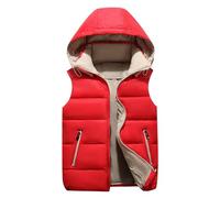 Toddler Kids Children Baby Boys Girls Puffer Vest Winter Warm Zip Up Sleeveless Pure Color Jacket Fixed Waistcoats Hood Padded Outerwear Fleece Warmers Coat Clothes with Pockets Detachable Hat Red