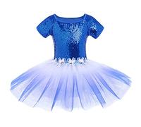 Toddler Kids Dance Costume For Girls Ballet Tutu Skirted Dress Short Sleeve Sequin Gymnastics Leotards Bodysuit Training Outfit Ballerina Dancewear Dress Up For Competition Performance Blue 3-4 Years