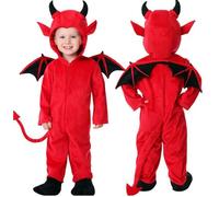 Toddler Kids Devil Halloween Costume Jumpsuit for Boys | Red hooded jumpsuit with horns wings tail, little devil cosplay outfit for halloween party and trick or treat