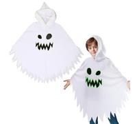 Toddler Kids Ghost Face Cloak, 3PCS Ghostface Luminous Cape with Cute Badge Sticker, Boys Girls Hooded Poncho for Halloween (White, L/ 10-12years)
