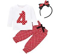 Toddler Kids Girl 4th Fourth Birthday Cake Smash Outfit Minnie Costume Polka Dots Long Sleeve Top T-Shirt Bloomers Pants Trousers Mouse Ear Bow Headband 3pcs Fall Party Clothes Set Photo Props