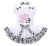 Toddler Kids Girl Cow Theme 3rd Third Birthday Cake Smash Outfit Three Years Old Party Photo Shooting Flutter Short Sleeve T-shirt Tops Princess Tutu Tulle Skirt Bowknot Headband 3pcs Set White - 3