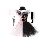 Toddler Kids Girl Halloween Clown Costume Set Sleeveless Tulle Tutu Dresswith Hair Clips Gloves Collar Halloween Cosplay Costume (A-Black White, XL)