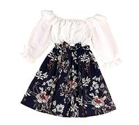 Toddler Kids Girls' Long Ruffled Sleeve Crop Tops Blouse Patchwork Flower Print Skirt Outfit Clothes Set 2PCS Cute Sweatshirt Teen Girl White 11-12 Years