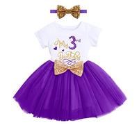 Toddler Kids Girls My 3rd Third Birthday Tutu Dress Cake Smash Outfit Summer Short Sleeve Cotton A-line Tulle Princess Skirt Sequin Bowknot Headband 2pcs Set Party Photo Shooting Purple 3 Years