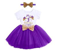 Toddler Kids Girls My 3rd Third Birthday Tutu Dress Cake Smash Outfit Summer Short Sleeve Cotton A-line Tulle Princess Skirt Sequin Bowknot Headband 2pcs Set Party Photo Shooting Purple Balloon 3Y