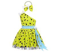 Toddler Kids Infant Baby Girl Pebbles Flintstone Costume Historical Stone Age Cavegirl Halloween Cosplay Fancy Dress Up One Shoudler Dress Bone Bowknot Headband 1st Birthday Outfit Green 5-6 Years