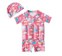 Toddler Kids One Piece Swimsuit with Hat Set UK, Boys Girls Long Sleeve Bathing Suit Baby Cute Printed Swimwear Beach Holiday Swimming Costume Summer Swim Training Vest for 6M-4Y