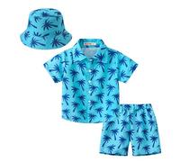 Toddler Kids Summer Shorts Sets 3 Pieces Boys Girls Cute Tropical Print utton Shirts Cotton Elastic Tracksuit + Hat Outfit Holiday Outdoor Breathable Beachwear (A, 5-6 Years)