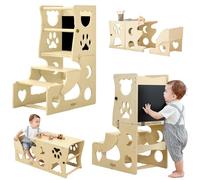 Toddler Kitchen Step Stool - 3 in 1 Montessori Toddler Standing Tower with Safety Rail & Chalkboard, Learning Standing Tower, Weaning Table, Kitchen Helper for 1-3 Year Old Boy Girl Gifts