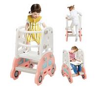 Toddler Learning Tower,Mini Kitchen Step Stool for Kids with Safety Bar,Learning Standing Tower With Stickers,Bathroom Helper Montessori,Easy to Install,Gifts For Girls Boys(Pink Cute Car)