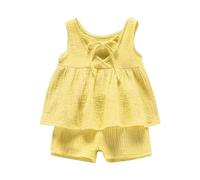Toddler Little Girls Cotton and Linen Clothes Sleeveless Tie up V Neck Ruffle Tank Tops and Elastic Waist Shorts (Yellow, 12-18 Months)