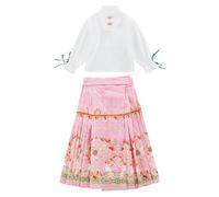 Toddler Little Girls Retro Skirt Sets Long Sleeve Stand Collar Shirts and Prints A-line Pleated Swing Skirts (Pink, 5-6 Years)
