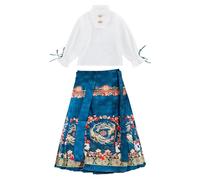 Toddler Little Girls Retro Skirt Sets Long Sleeve Stand Collar Shirts and Prints A-line Pleated Swing Skirts (Dark Blue, 18-24 Months)