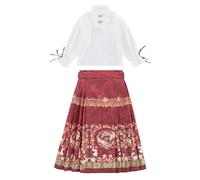 Toddler Little Girls Retro Skirt Sets Long Sleeve Stand Collar Shirts and Prints A-line Pleated Swing Skirts (Red, 5-6 Years)
