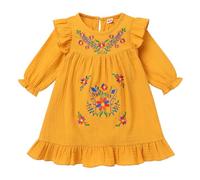 Toddler Mexican Dress Baby Girl Floral Embroidered Ethnic Ruffle Long Sleeve A-line Princess Casual Dress Cinco De Mayo Fiesta Outfit Meciscan Style Traditonal Folklorico Dress for Kids Yellow 2-3Y