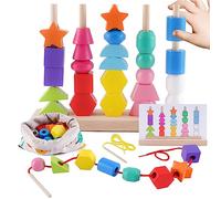 Toddler Montessori Toys Wooden Beads Sequencing Toy Set, Stacking Blocks & Lacing Beads & Matching Shapes, Shape Sorter Toys for 3 4 5 Year Old Boys Girls, STEM Preschool Learning Toys Gifts for Kids