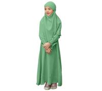 Toddler Muslim Prayer Abaya Dresses Girls Ruffled Smocked Long Sleeve Eid Maxi Dress Hijab Set Solid Color Jilbab School Casual Crewneck Ramadan Clothes (Mint Green, 3-4 Years)