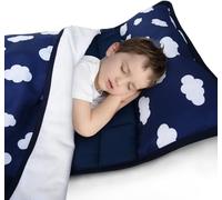 Toddler Nap Mat for Daycare, Quilted Floor Mat with Attached Blanket & Soft Pillow - Portable All-in-One Rest Mat for Preschool Boys Girls - Ultra Soft Washable Cot Pad for Kids, Navy Cloud