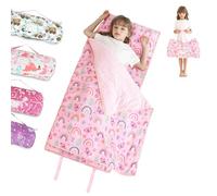 Toddler Nap Mat for Preschool 50''x30'' Sleeping Mat with Removable Pillow and Minky Blanket for Kids Ages 3-7 Roll Up Soft Sleeping Bag for Boys Girls Kindergarten Daycare Sleepover - Rainbow