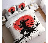 Toddler Quilt Cover Set 120 x 150 cm ink painting style Microfibre Bedding with Japanese Samurai Sunset Print and Pillowcase, Soft Breathable Kids Duvet Cover