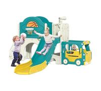 Toddler Slide and Climber Playset Indoor Outdoor Kids Slide with Basketball Hoop, Storage Space, Freestanding Backyard Playground for Children Age 1-6 (9-in-1 Green and Yellow Bus)