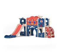 Toddler Slide and Climber Playset Indoor Outdoor Kids Slide with Basketball Hoop, Storage Space, Freestanding Backyard Playground for Children Age 1-6 (9-in-1 Red and Blue Small Rocket)