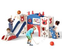 Toddler Slide, Christmas Elk Theme Kid Slide Freestanding with Basketball Hoop, Golf set,Baby Slide Playground Equipment,for in/outdoor use (Blue-red-7-in-1)