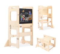 Toddler Standing Tower, Learning Standing Tower 2-in-1 Kitchen Wooden Stool Helper with Chalkboard Montessori and Waldorf Helper for Kids Wooden Step Stool with Desk Table and Chair (Log Color)