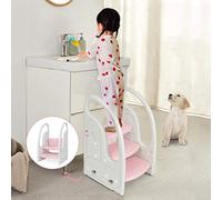 Toddler Step Stool Chair Onasti Kids 3 Step Standing Tower for Toddlers Plastic Learning Helper Stool for Kitchen Counter Bathroom Sink Toilet Potty Training with Handles and Non-Slip Pads-Pink White