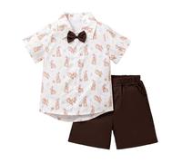 Toddler Summer Short Outfit Boys Cute Bunny Bunny Print Short Sleeve Button Down Shirt with Bow Tie & Elastic Waist Shorts 2-Piece for 3-6 Years Kids Coffee