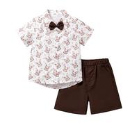 Toddler Summer Short Outfit Boys Cute Bunny Bunny Print Short Sleeve Button Down Shirt with Bow Tie & Elastic Waist Shorts 2-Piece for 3-6 Years Kids Brown