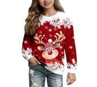 Toddler Sweaters Girls' Cartoon Deer Head Crew Neck Long Sleeve Sweatshirt 2Y-14Y 2T Hoodie Girl Unisex Gift Red