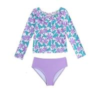 Toddler Swimsuit - Girls' Long Sleeve Two Piece Swimsuit Set with Bow Knot Rash Guard and Ruffle Hem Cuffs for Sun at the Beach