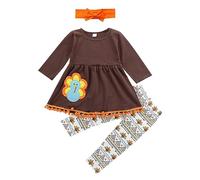 Toddler Thanksgiving Girls Long Sleeve Turkey Dress Shirt Ethnic Printed Bottom Pants Hairband Three Set Heart Hat (Brown, 2-3 Years)
