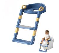 Toddler Toilet Seat Potty Training, Adjustable Potty Training Toilet Seat with Steps, Handle & Soft Cushion, Non Slip & Anti Splash, Foldable Potty Ladder Seat for Kids Child, Easy Assembly (Blue)