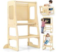 Toddler Tower, 4 in 1 Foldable Kitchen Stool Helper Learning Standing Tower with Chalkboard Removable Safety Rail, Kids Wooden Collapsible Montessori Step Stool Table and Chair Set