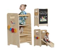Toddler Tower, 4-in-1 Foldable Learning Tower Kids Step Stool with Chalkboard and Slide, 4 Levels Adjustable Heights, Multifunctional Kitchen Helper Standing Toddlers for 18 Months - 6 Years