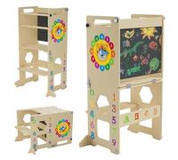 Toddler Tower, 4 in 1 Toddler Kitchen Stool Helper, Foldable Kitchen Helper, Children' Standing Tower, Kids Step Stools with Blackboard and Wooden Learning Clock, Montessori Step Stools for Kids