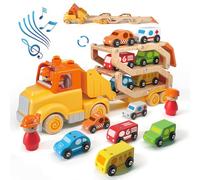 Toddler Toys for 2 3 4 5 Years Old Kids, Transport Car Carrier Truck Toy with 6 Wooden Vehicle, 76cm Foldable Track Trailer with Light & Sound Effects, Best Gift Choice for Christmas, Birthday