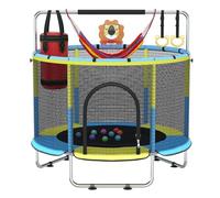 Toddler Trampoline with Enclosure Net, Indoor Outdoor Mini Kids Trampoline w/Adjustable Gymnastics Bar, Basketball Hoop, Swing, Upgraded Ring Legs, Gifts for Ages 3-10 (Blue&Yellow)