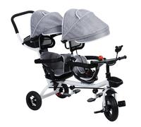 Toddler Tricycle, Twin Baby Stroller with Canopy, Trike for Toddler, Push Tricycle with Shockproof Rubber Wheel, Walking Baby Stroller with Storage Basket & Safety Harness Grey