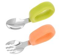 Toddler Utensils Fork and Spoon Set, Stainless Steel Baby Utensils Cutlery Set with Silicone Handle, Eating Training Children Flatware for Toddler, Detergent Safe (Green Spoon+Orange Fork)