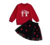 Toddler Valentines Day Outfit in My Lover Era Sweatshirt Hearts Tulle Tutu Skirt 2Pcs Little Girl Valentines Clothes (Red, 5-6 Years)