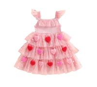 Toddler Valentines Outfit Girl Pink Tutu Dress Shiny Stars Love Hearts Embroidery Flutter Sleeve Tulle Princess Dress Cake Smash Photo Pageant Wedding (Pink, 4-5 Years)