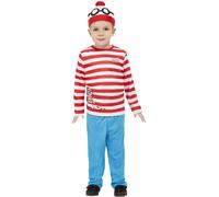 Smiffys Where's Wally Costume, Toddler Costume Red & White Hat, Top & Trousers, Official License Outfit with Bobble Hat & Printed Woof Dog Detail, Perfect for World Book Day or Halloween