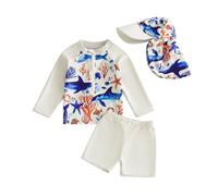 Toddlers Baby Boys' 3-Piece Rashguard Swimsuits Sets Long Sleeve Dolphin Print Trunks Swimwear Bathing Suit with Hat