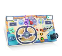 Toddlers Busy Board with Intelligent Sound, Montessori Wooden Educational Toys with Simulated Steering Wheel & LED Light Switches, Fidget Board Sensory Toy, Toys Gift for Children3+ year old -Large